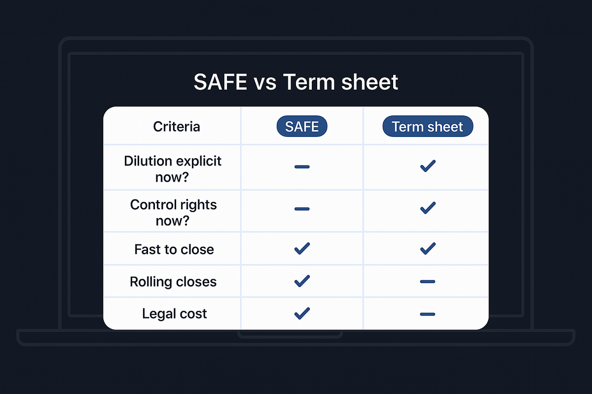Term sheet vs SAFE: when to use which, traps, FAQs