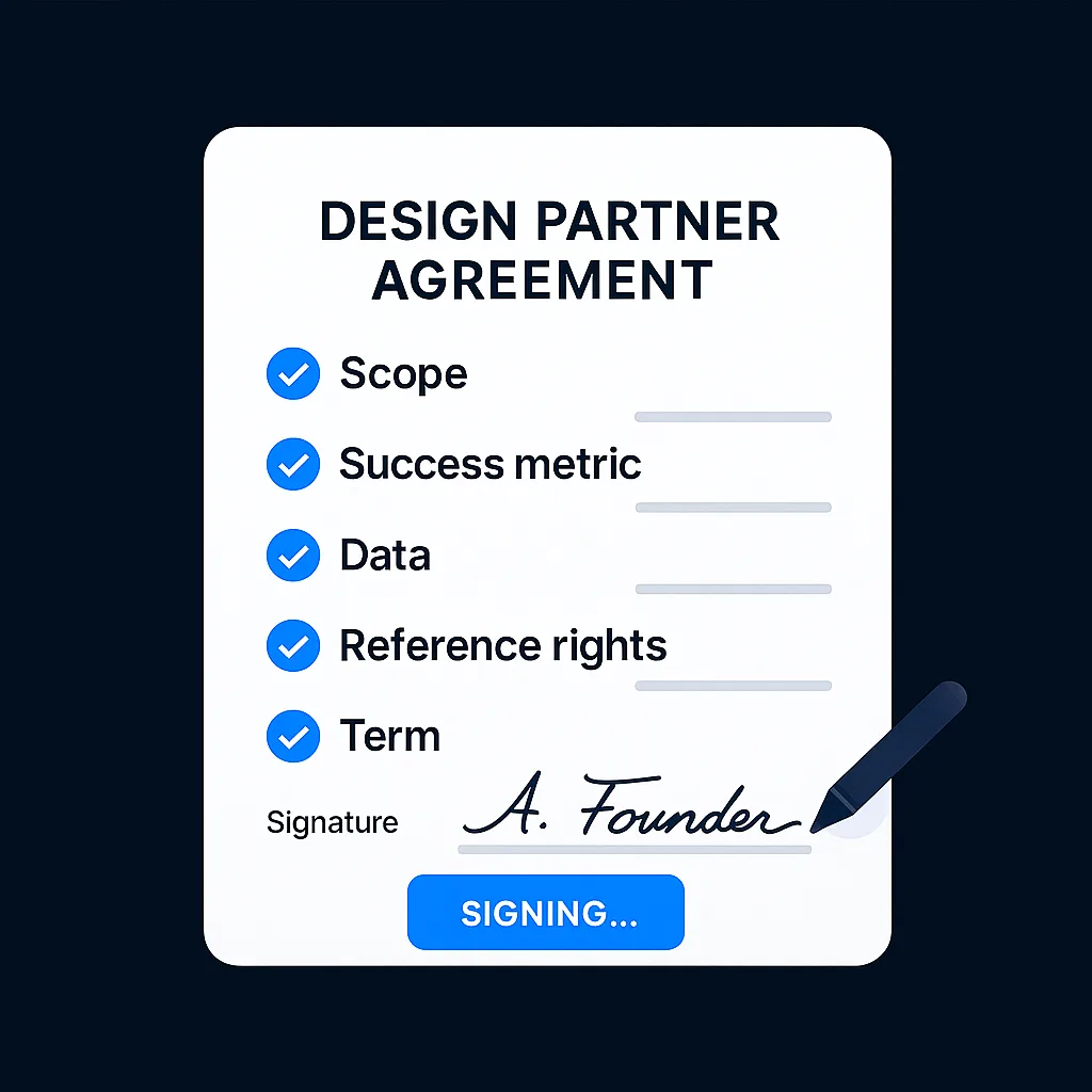 Minimal legal mock of a design partner agreement one-pager