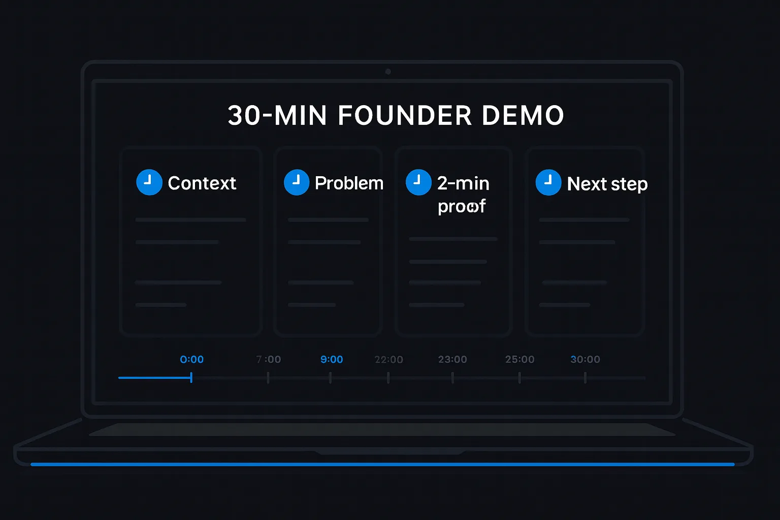 founder demo script - 30‑minute agenda timeline with 2‑minute proof and next step