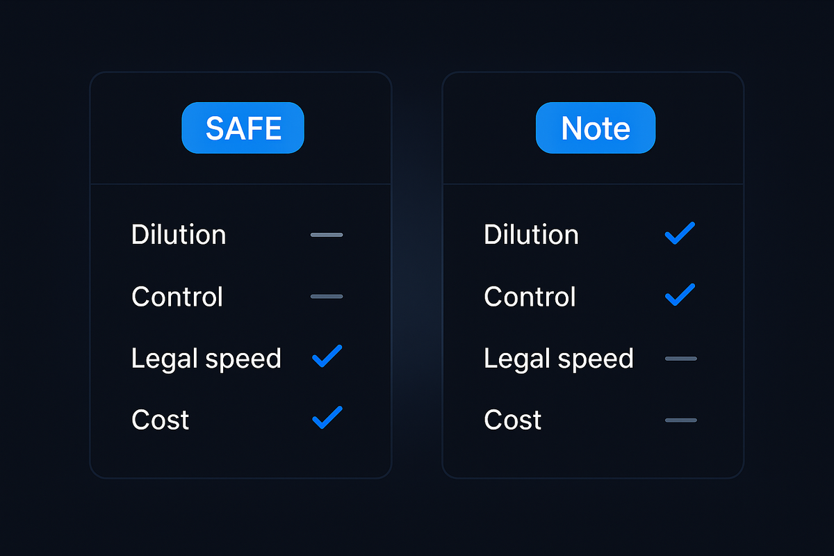 SAFE vs convertible note for startups: fees, control, dilution